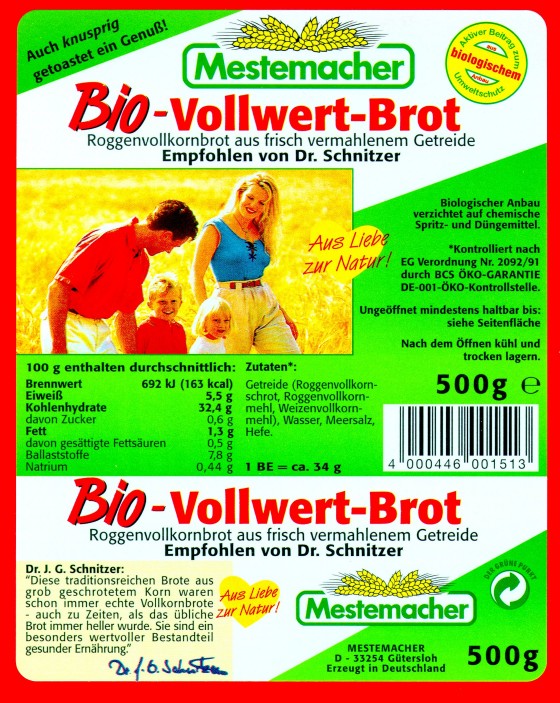 Eigenschaften des Bio-Vollkornbrotes von Mestemacher (G�tersloh)