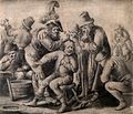 An itinerant surgeon extracting stones from a man's head; sy Wellcome V0016245.jpg